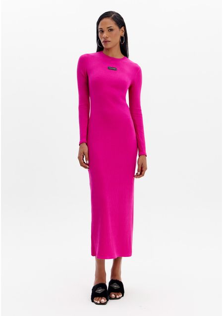 Vestido Canelado Super Midi Manga Longa Gola Redonda