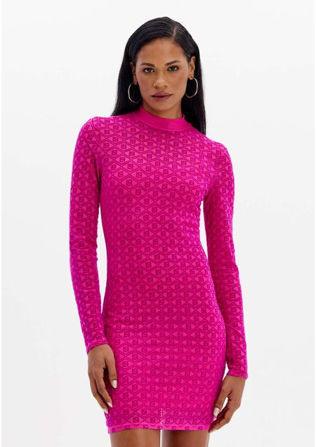 Vestido Curto De Tule Com Gola E Manga Longa