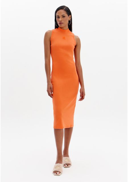 Vestido Super Midi Canelado Com Gola E Bordado