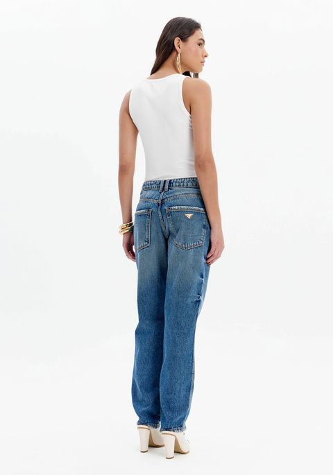 Calça Jeans Boyfriend Cintura Alta Pérolas
