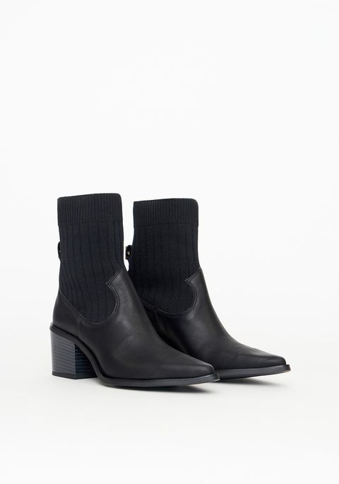 Bota Salto Bloco Cano Curto Em Knit