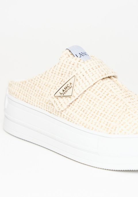 Tênis Sola Alta Mule Em Tweed Com Velcro
