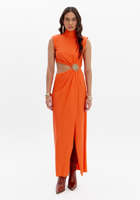 Vestido Super Midi Com Gola E Metal