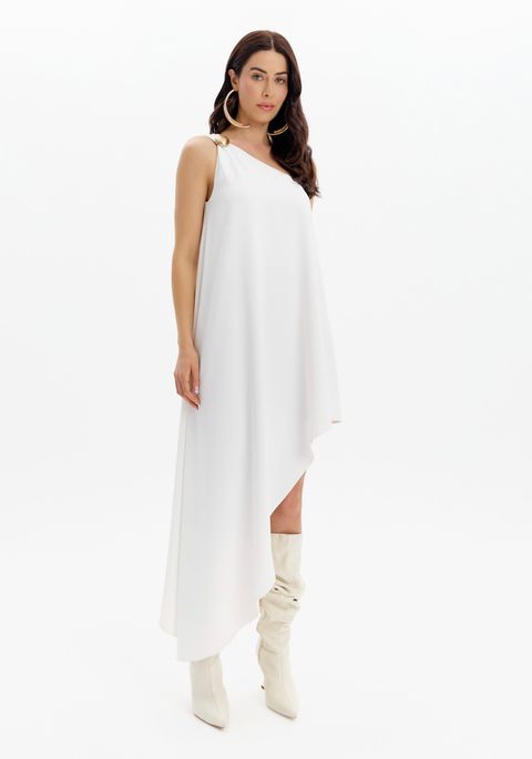 Vestido Ombro Único Assimétrico Super Midi