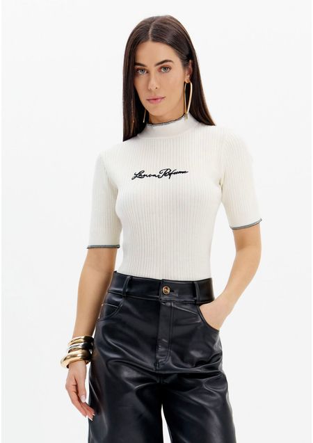 Blusa Tricot Manga Curta Com Gola E Bordado