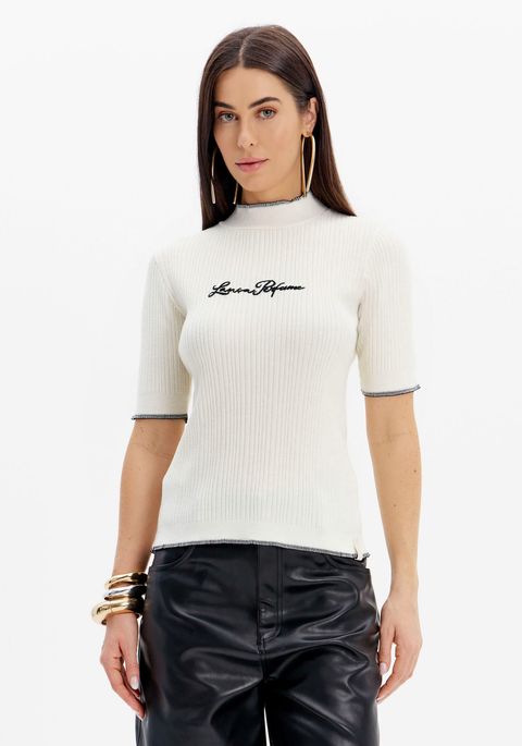 Blusa Tricot Manga Curta Com Gola E Bordado