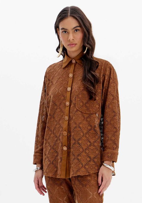 Camisa De Renda Oversized Com Bolso