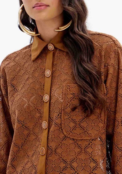 Camisa De Renda Oversized Com Bolso