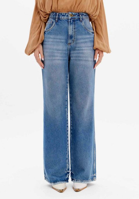Calça Jeans Full Length Com Cintura Alta E Bolsos