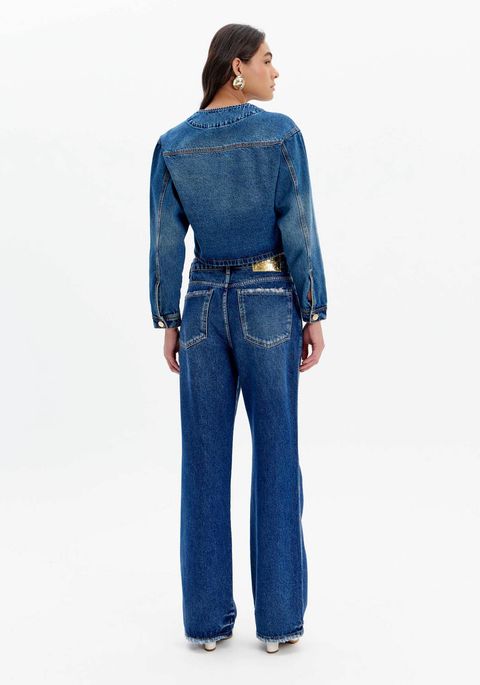 Calça Jeans Full Length Com Cintura Alta E Bolsos