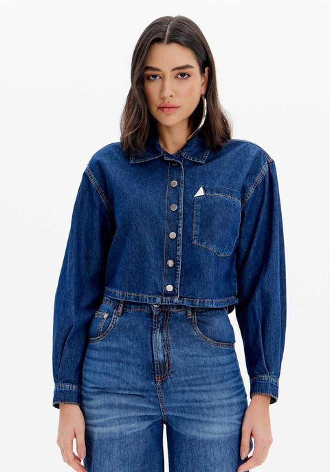 Camisa Jeans Curta Com Bolso