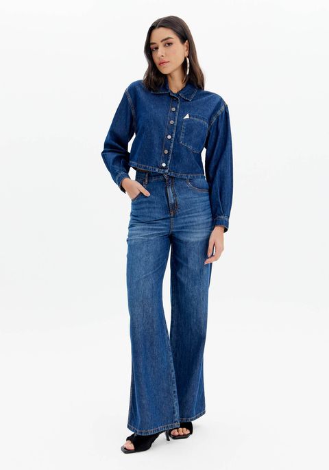 Camisa Jeans Curta Com Bolso