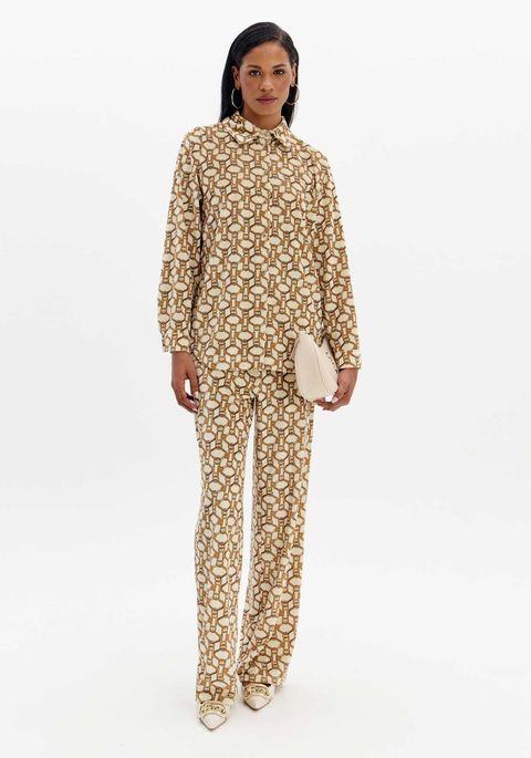 Calça Wide Leg Estampada Com Bolsos