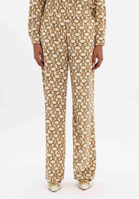 Calça Wide Leg Estampada Com Bolsos