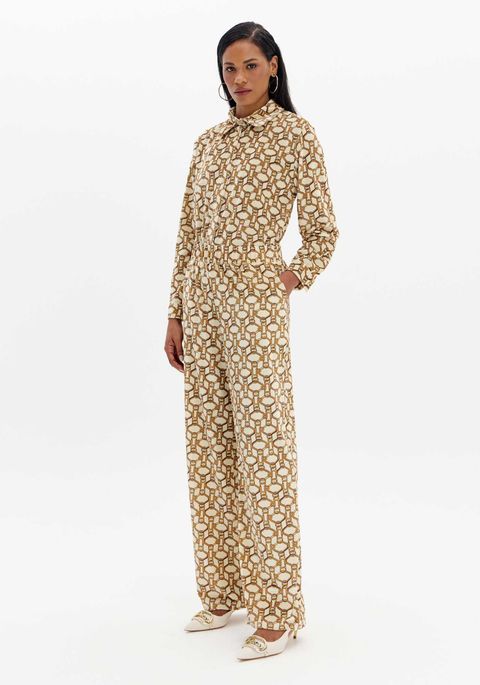 Calça Wide Leg Estampada Com Bolsos