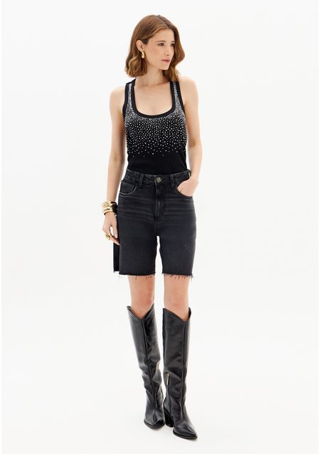 Bermuda Jeans Comfort Alongada Cintura Super Alta