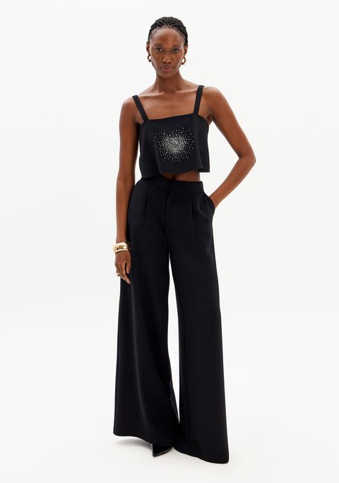 Calça Wide Leg Alfaiataria Com Cintura Alta E Bolsos