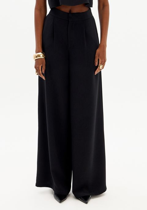 Calça Wide Leg Alfaiataria Com Cintura Alta E Bolsos