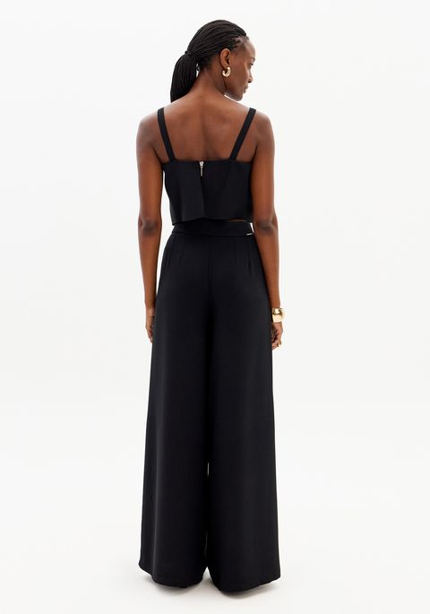 Calça Wide Leg Alfaiataria Com Cintura Alta E Bolsos