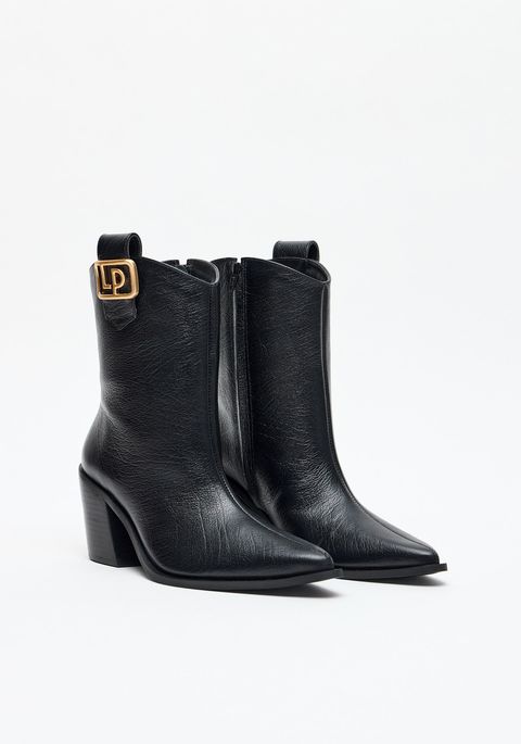 Bota Cano Médio Salto Bloco Bico Fino Couro