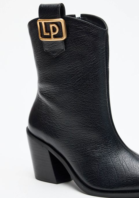 Bota Cano Médio Salto Bloco Bico Fino Couro