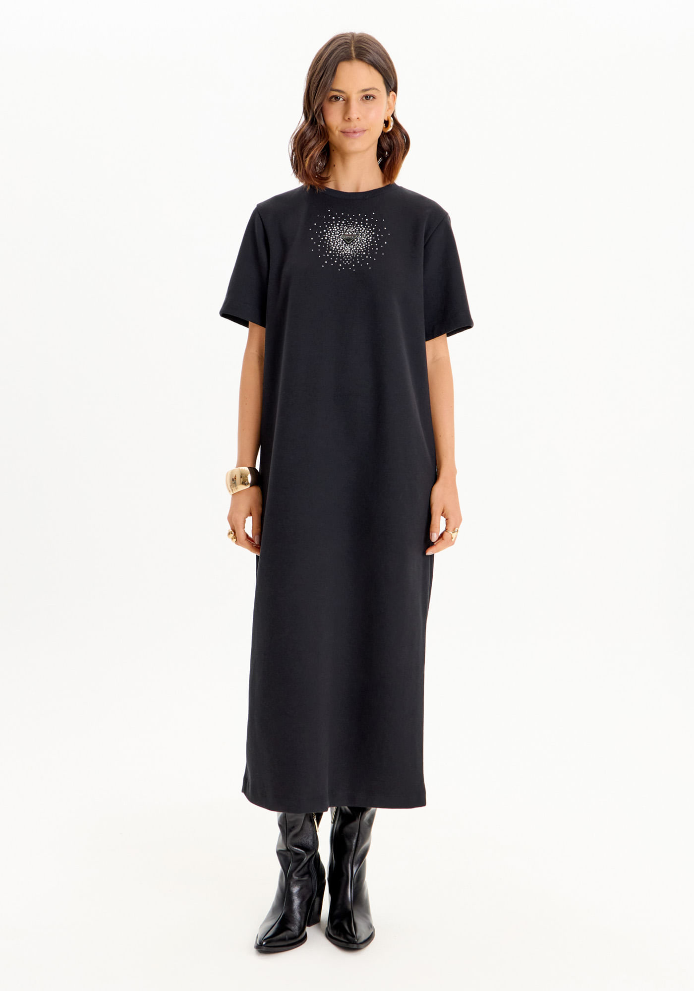 Vestido Super Midi Moletom Manga Curta Brilhos Lança Perfume