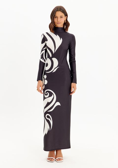 Vestido Super Midi Manga Longa Estampado Gola Alta