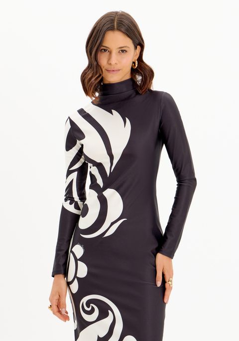 Vestido Super Midi Manga Longa Estampado Gola Alta