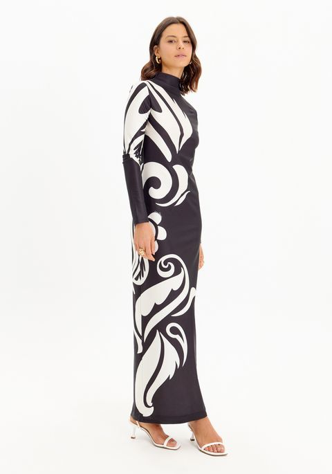 Vestido Super Midi Manga Longa Estampado Gola Alta