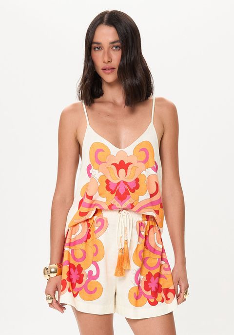 Blusa Estampada Com Alças Finas E Decote Em V