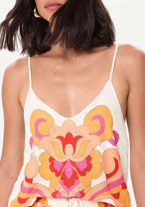Blusa Estampada Com Alças Finas E Decote Em V