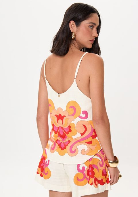 Blusa Estampada Com Alças Finas E Decote Em V