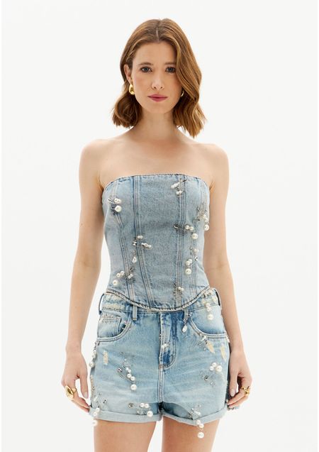 Blusa Jeans Corset Com Aplicação