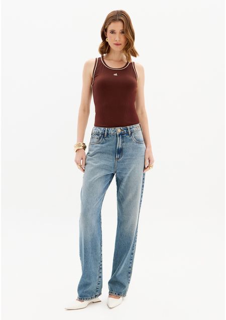 Calça Jeans Reta Cintura Super Alta Bordado Cós