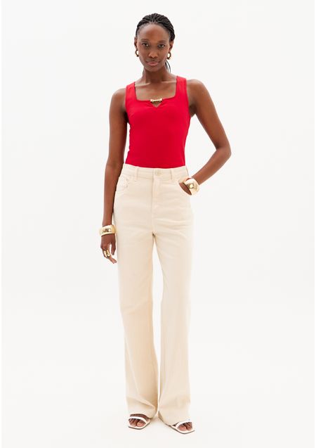 Calça Wide Leg Sarja Cintura Super Alta