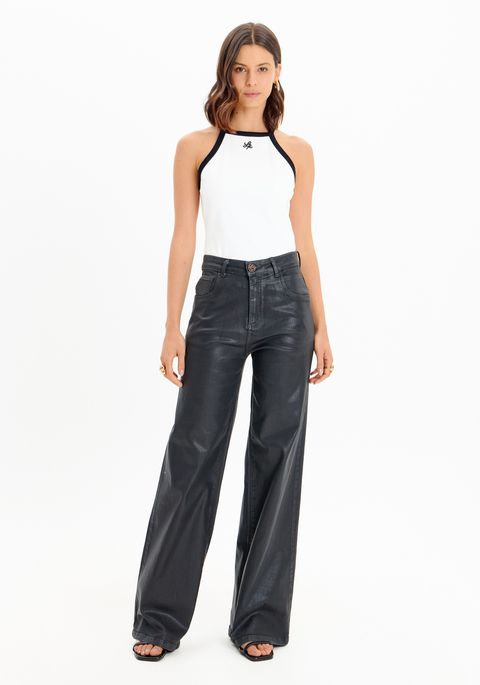 Calça Jeans Wide Leg Resinada Cintura Super Alta