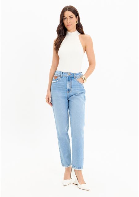 Calça Jeans Luna Mom Cintura Super Alta Bordado Posterior