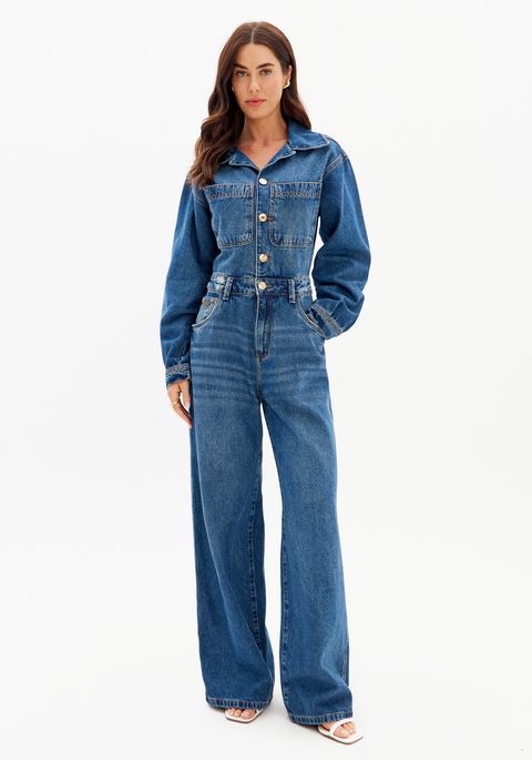 Macacão Jeans Longo Com Botões