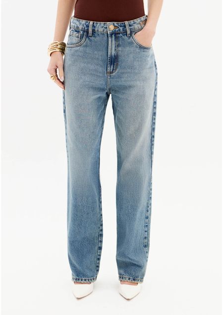 Calça Jeans Reta Cintura Super Alta Bordado Cós