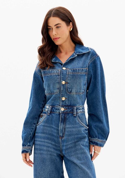 Macacão Jeans Longo Com Botões