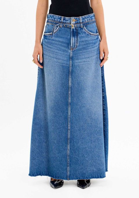 Saia Jeans Longa Com Cintura Super Alta E Cinto