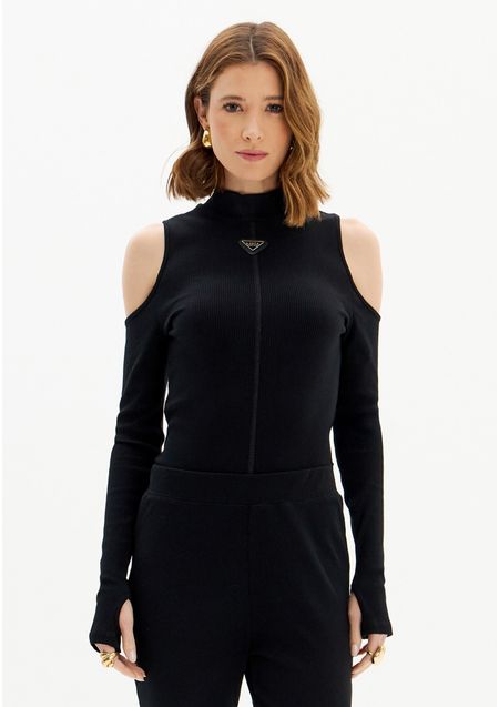 Blusa Canelada Com Recortes E Gola Alta