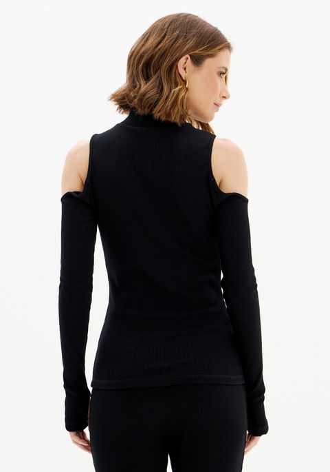 Blusa Canelada Com Recortes E Gola Alta