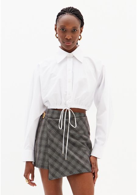 Camisa Cropped Manga Over Com Cordão