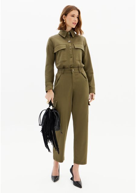 Calça Baggy Cintura Alta Bolsos Cargo