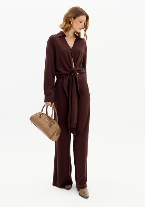 Calça Wide Leg Cintura Alta Com Bolsos