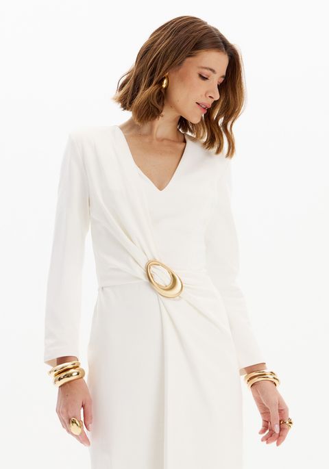 Vestido Super Midi Manga Média Com Fenda