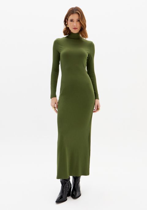 Vestido Canelado Super Midi Gola Alta