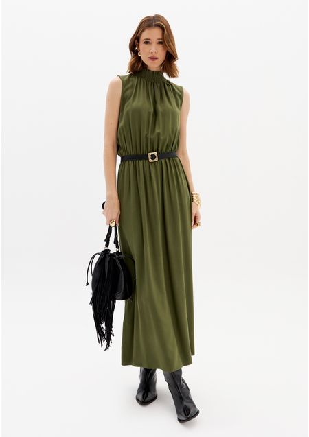 Vestido Super Midi Gola Alta Com Cinto