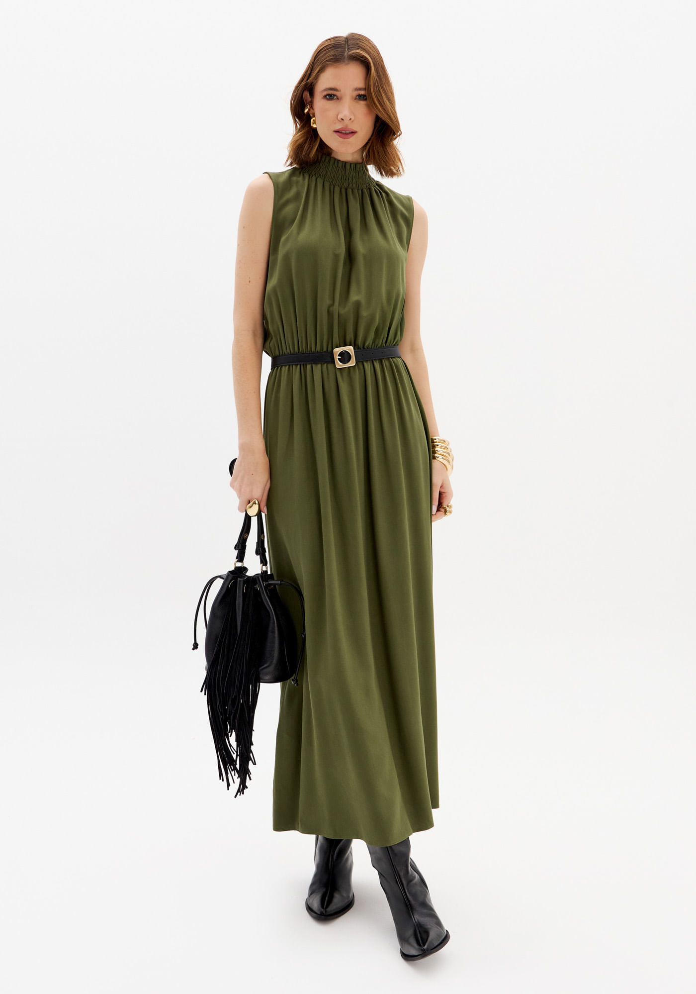 Vestido Super Midi Gola Alta Com Cinto